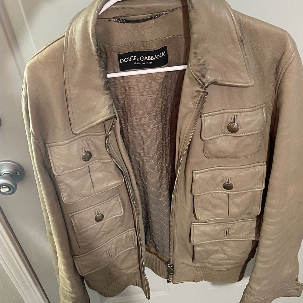 Dolce & Gabbana Beige Leather Jacket utility pocket used